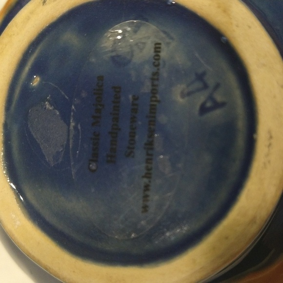 Henriksen Navy blue majolica jam sugar pot bird branches hand painted stoneware - Picture 8 of 8